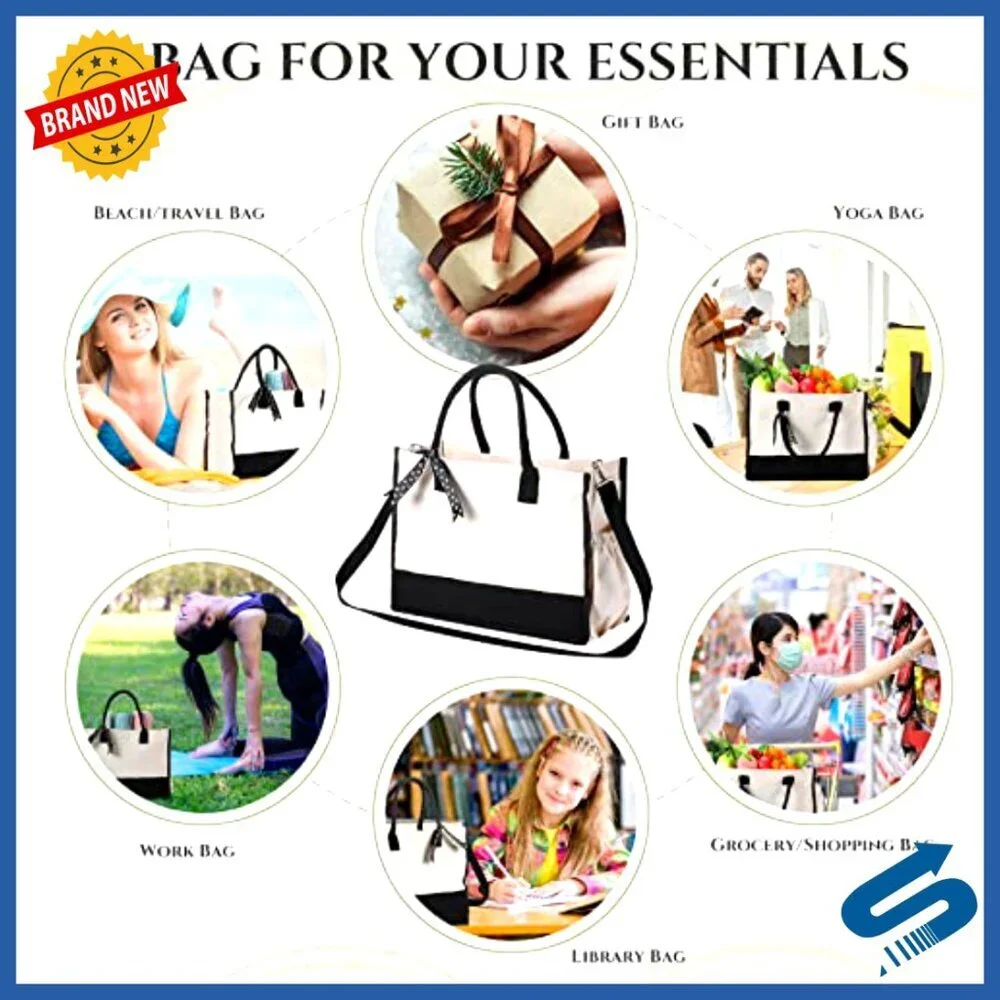 Canvas Tote Bags Set Zipper Closure Adjustable Strap Reusable Grocery Storage
